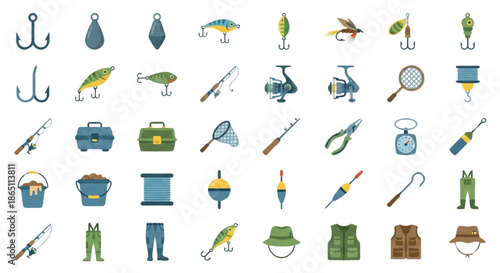 A vibrant collection of fishing gear and tackle icons for outdoor enthusiasts and professionals, featuring a range of equipment and accessories for a fun and successful fishing experience.