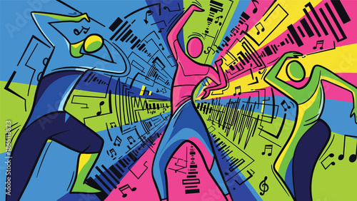 Graffiti-inspired urban mural vector featuring abstract dancing figures surrounded by sound waves and rhythmic motion, flat design ideal for music culture posters and dynamic wallpapers