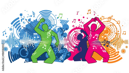 Graffiti-inspired urban mural vector featuring abstract dancing figures surrounded by sound waves and rhythmic motion, flat design ideal for music culture posters and dynamic wallpapers