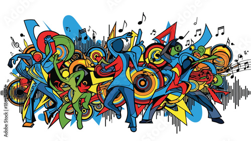 Graffiti-inspired urban mural vector featuring abstract dancing figures surrounded by sound waves and rhythmic motion, flat design ideal for music culture posters and dynamic wallpapers