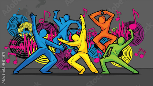 Graffiti-inspired urban mural vector featuring abstract dancing figures surrounded by sound waves and rhythmic motion, flat design ideal for music culture posters and dynamic wallpapers