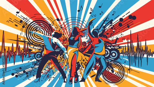 Graffiti-inspired urban mural vector featuring abstract dancing figures surrounded by sound waves and rhythmic motion, flat design ideal for music culture posters and dynamic wallpapers