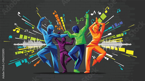 Graffiti-inspired urban mural vector featuring abstract dancing figures surrounded by sound waves and rhythmic motion, flat design ideal for music culture posters and dynamic wallpapers