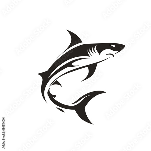 Stylized black and white shark graphic for design and decorative purposes