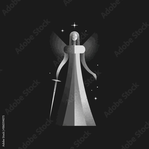 Stylized angel illustration holding sword against black background