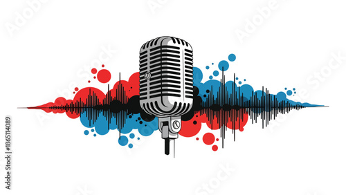 Music-themed urban mural vector illustration featuring abstract microphone and sound wave motifs with bold outlines and layered shapes, ideal for music posters, wallpapers, and creative branding