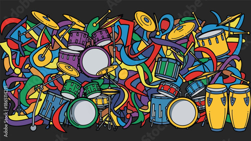 Graffiti-style urban mural vector with abstract drum and percussion-inspired shapes, dynamic rhythm flow, and bold street art composition, perfect for energetic music wallpapers and posters