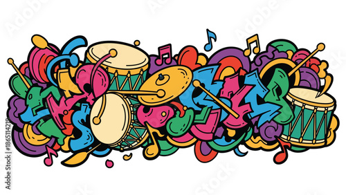 Graffiti-style urban mural vector with abstract drum and percussion-inspired shapes, dynamic rhythm flow, and bold street art composition, perfect for energetic music wallpapers and posters