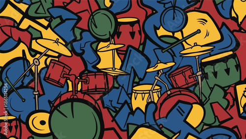 Graffiti-style urban mural vector with abstract drum and percussion-inspired shapes, dynamic rhythm flow, and bold street art composition, perfect for energetic music wallpapers and posters