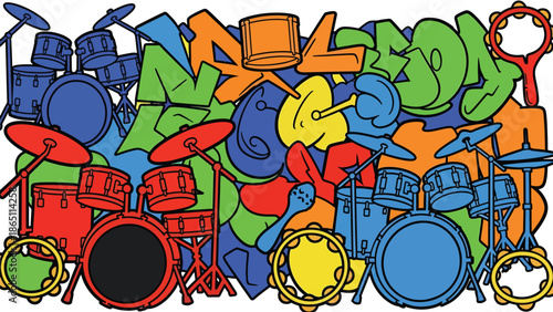 Graffiti-style urban mural vector with abstract drum and percussion-inspired shapes, dynamic rhythm flow, and bold street art composition, perfect for energetic music wallpapers and posters