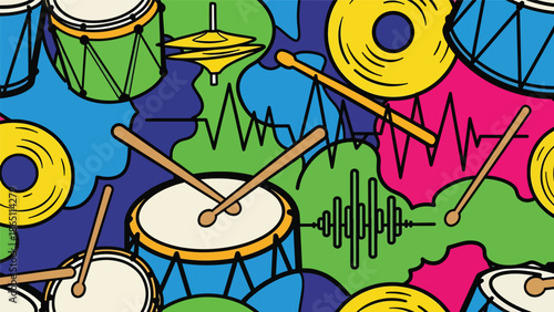 Graffiti-style urban mural vector with abstract drum and percussion-inspired shapes, dynamic rhythm flow, and bold street art composition, perfect for energetic music wallpapers and posters