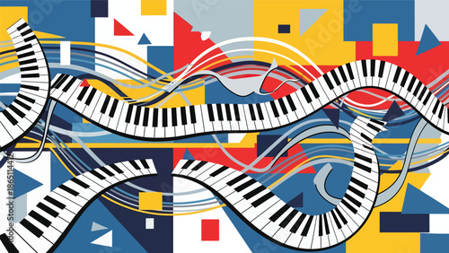 Urban music mural vector illustration combining abstract piano keys, flowing lines, and geometric street art patterns, flat design ideal for modern music posters and wallpapers