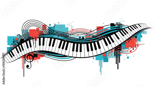Urban music mural vector illustration combining abstract piano keys, flowing lines, and geometric street art patterns, flat design ideal for modern music posters and wallpapers