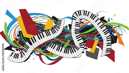 Urban music mural vector illustration combining abstract piano keys, flowing lines, and geometric street art patterns, flat design ideal for modern music posters and wallpapers