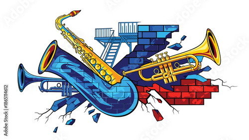 Urban mural vector illustration featuring abstract saxophone and trumpet shapes blended with dynamic street patterns, music-themed graffiti style ideal for jazz posters and wallpapers