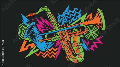 Urban mural vector illustration featuring abstract saxophone and trumpet shapes blended with dynamic street patterns, music-themed graffiti style ideal for jazz posters and wallpapers