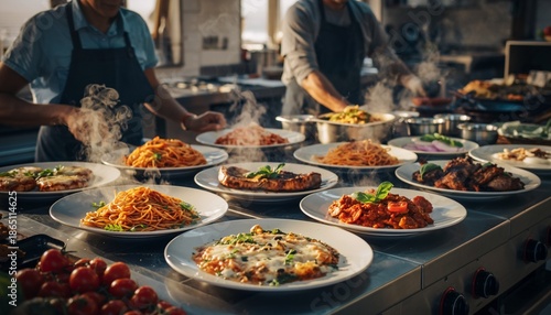 Chefs preparing delicious Italian pasta dishes in a busy restaurant kitchen.