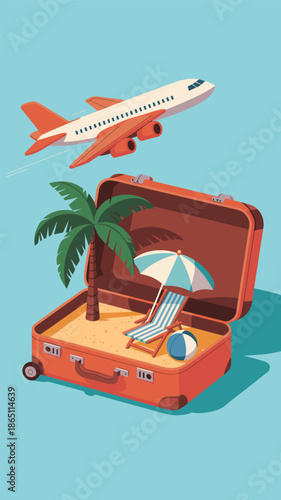 Travel Dream Beach Vacation in a Suitcase with Airplane, travel concept