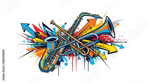 Urban mural vector illustration featuring abstract saxophone and trumpet shapes blended with dynamic street patterns, music-themed graffiti style ideal for jazz posters and wallpapers