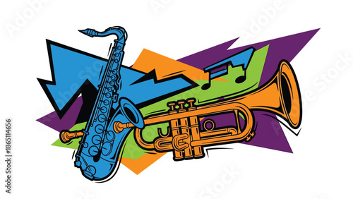 Urban mural vector illustration featuring abstract saxophone and trumpet shapes blended with dynamic street patterns, music-themed graffiti style ideal for jazz posters and wallpapers