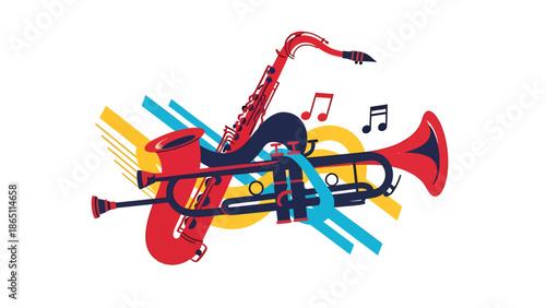 Urban mural vector illustration featuring abstract saxophone and trumpet shapes blended with dynamic street patterns, music-themed graffiti style ideal for jazz posters and wallpapers
