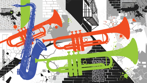 Urban mural vector illustration featuring abstract saxophone and trumpet shapes blended with dynamic street patterns, music-themed graffiti style ideal for jazz posters and wallpapers