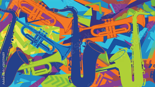 Urban mural vector illustration featuring abstract saxophone and trumpet shapes blended with dynamic street patterns, music-themed graffiti style ideal for jazz posters and wallpapers