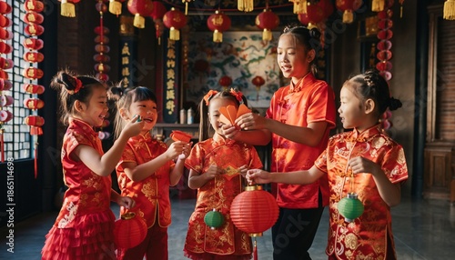 Children in Traditional Chinese Attire Celebrating Lunar New Year.