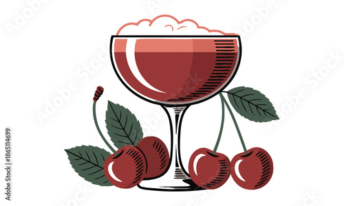 Classic cherry cocktail vector illustration with coupe glass design  isolated on white background, easily editable.