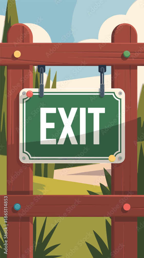 Obraz premium Green Exit Sign on a Wooden Fence in a Natural Setting, safety concept