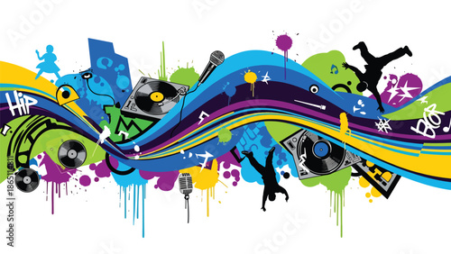 Urban graffiti-style mural vector inspired by hip-hop music culture using abstract shapes, bold lines, and rhythmic motion, flat design ideal for youth music branding and wallpapers