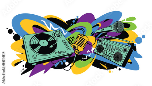 Urban graffiti-style mural vector inspired by hip-hop music culture using abstract shapes, bold lines, and rhythmic motion, flat design ideal for youth music branding and wallpapers
