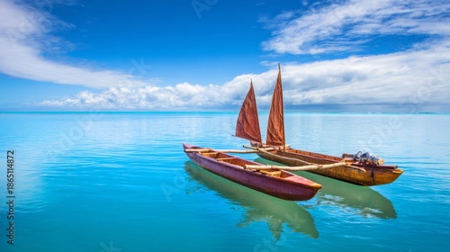outrigger. Traditional canoe with wooden outrigger on calm blue ocean under tropical sun. mobility guides, transit brochures, designed for mobility and urban transit guides.
