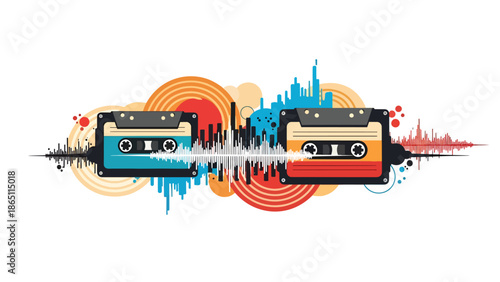 Music-themed urban mural vector illustration featuring abstract cassette tape shapes and sound waves, retro-inspired graffiti style ideal for music wallpapers and creative posters