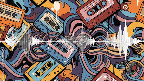 Music-themed urban mural vector illustration featuring abstract cassette tape shapes and sound waves, retro-inspired graffiti style ideal for music wallpapers and creative posters