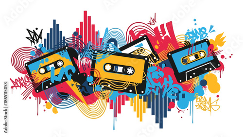 Music-themed urban mural vector illustration featuring abstract cassette tape shapes and sound waves, retro-inspired graffiti style ideal for music wallpapers and creative posters