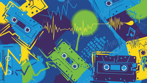 Music-themed urban mural vector illustration featuring abstract cassette tape shapes and sound waves, retro-inspired graffiti style ideal for music wallpapers and creative posters
