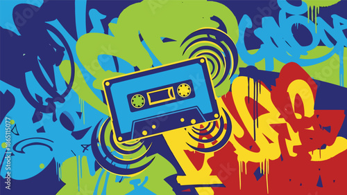 Music-themed urban mural vector illustration featuring abstract cassette tape shapes and sound waves, retro-inspired graffiti style ideal for music wallpapers and creative posters