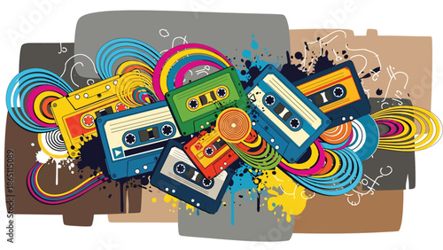 Music-themed urban mural vector illustration featuring abstract cassette tape shapes and sound waves, retro-inspired graffiti style ideal for music wallpapers and creative posters