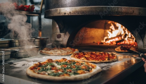 Delicious Pizzas Baking in a Traditional WoodFired Oven.