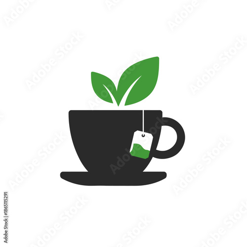 Green tea cup symbol with leaves vector illustration isolated design