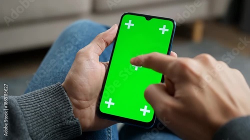 Person Using Smartphone with Green Screen for Mockup in Casual Setting