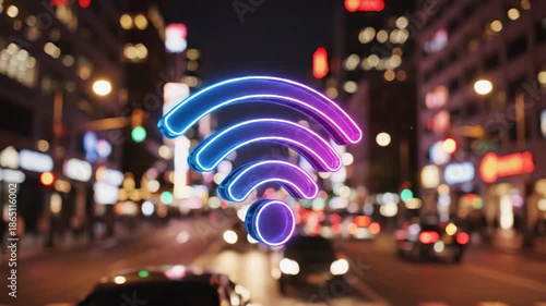 Glowing neon Wi-Fi symbol floating over a blurred city street at night. 3D animation of wireless internet connection and 5G network concept. Digital signal transmission in an urban environment