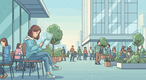 Illustration of a woman reading in an urban setting.