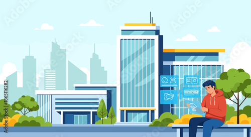 Man on Bench Using Phone Near Modern Building in Cityscape.