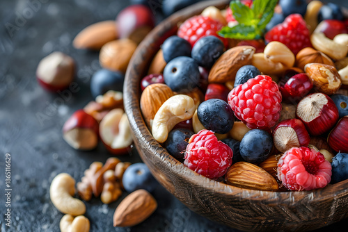 Healthy Bowl with Fresh Berries and Mixed Nuts on Dark Background