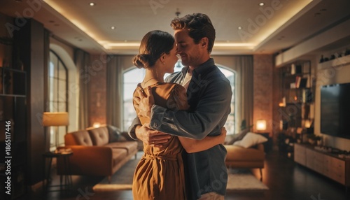 Romantic Couple Dancing Intimately in a Luxurious Living Room at Night.