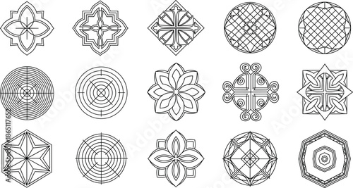 Ornamental Sacred Geometry Vector Collection with Geometric Cross Mandala Symbols Decorative Patterns Abstract Spiritual Design and Elegant Line Art Elements