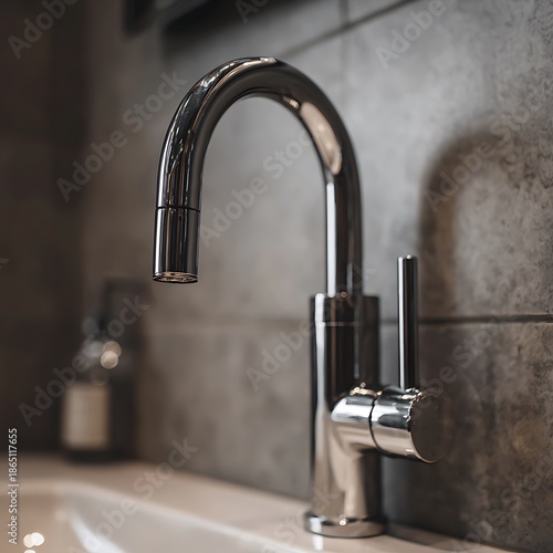 Polished chrome faucet stands over a white sink with a sleek, minimalist design in a bathroom