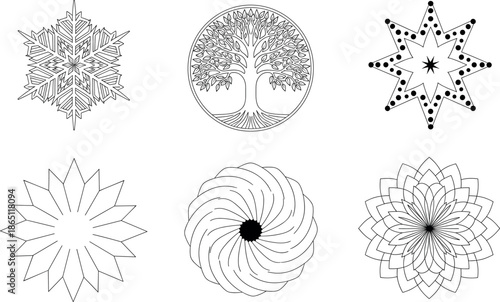 Sacred Geometry Nature Mandala Vector Collection with Tree of Life Abstract Floral Symbols Geometric Stars and Elegant Decorative Design ElementsSacred Geometry Nature Mandala Vector Collection with T